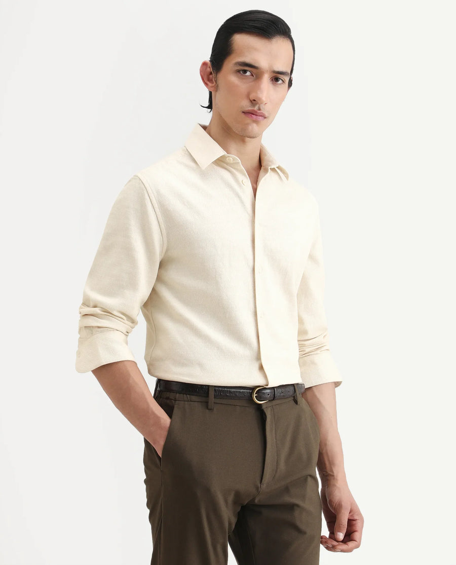 Rare Rabbit Men's Berk-Fs Off White Cotton Fabric Full Sleeve Regular Fit Plain Shirt