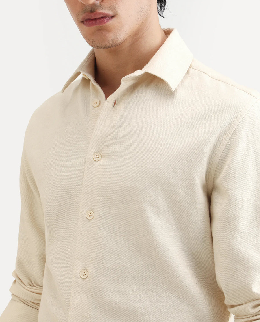 Rare Rabbit Men's Berk-Fs Off White Cotton Fabric Full Sleeve Regular Fit Plain Shirt