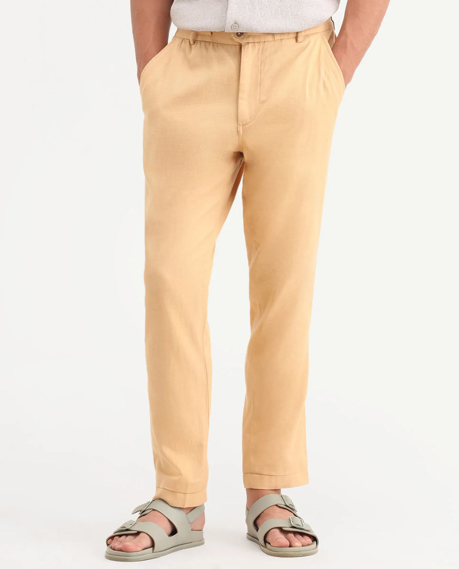 Rare Rabbit Men's Linol-T Yellow Linen Blend Fabric Regular Fit Drawstring Plain Trouser