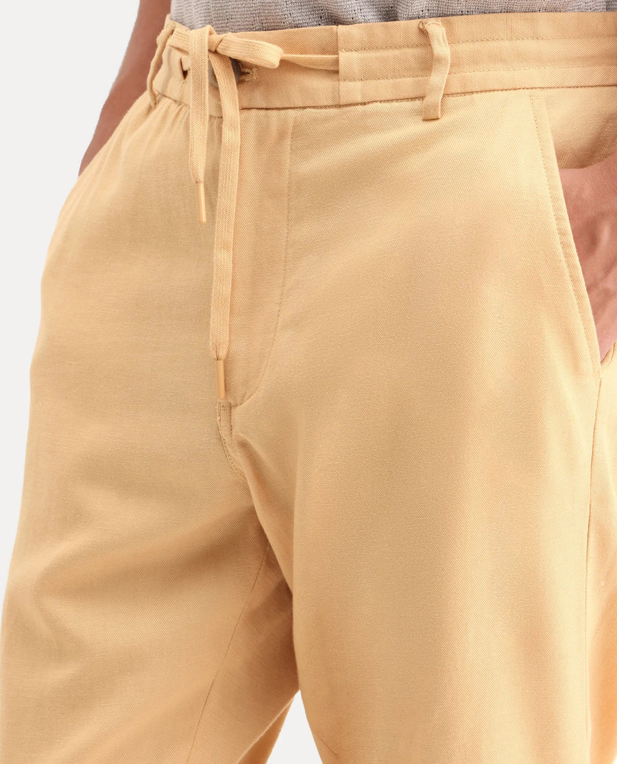 Rare Rabbit Men's Linol-T Yellow Linen Blend Fabric Regular Fit Drawstring Plain Trouser