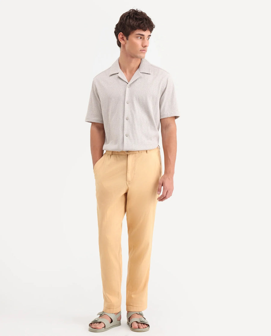 Rare Rabbit Men's Linol-T Yellow Linen Blend Fabric Regular Fit Drawstring Plain Trouser