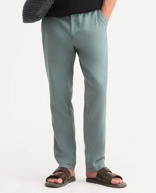 Rare Rabbit Men's Linol-T Dusky Green Linen Blend Fabric Regular Fit Drawstring Plain Trouser