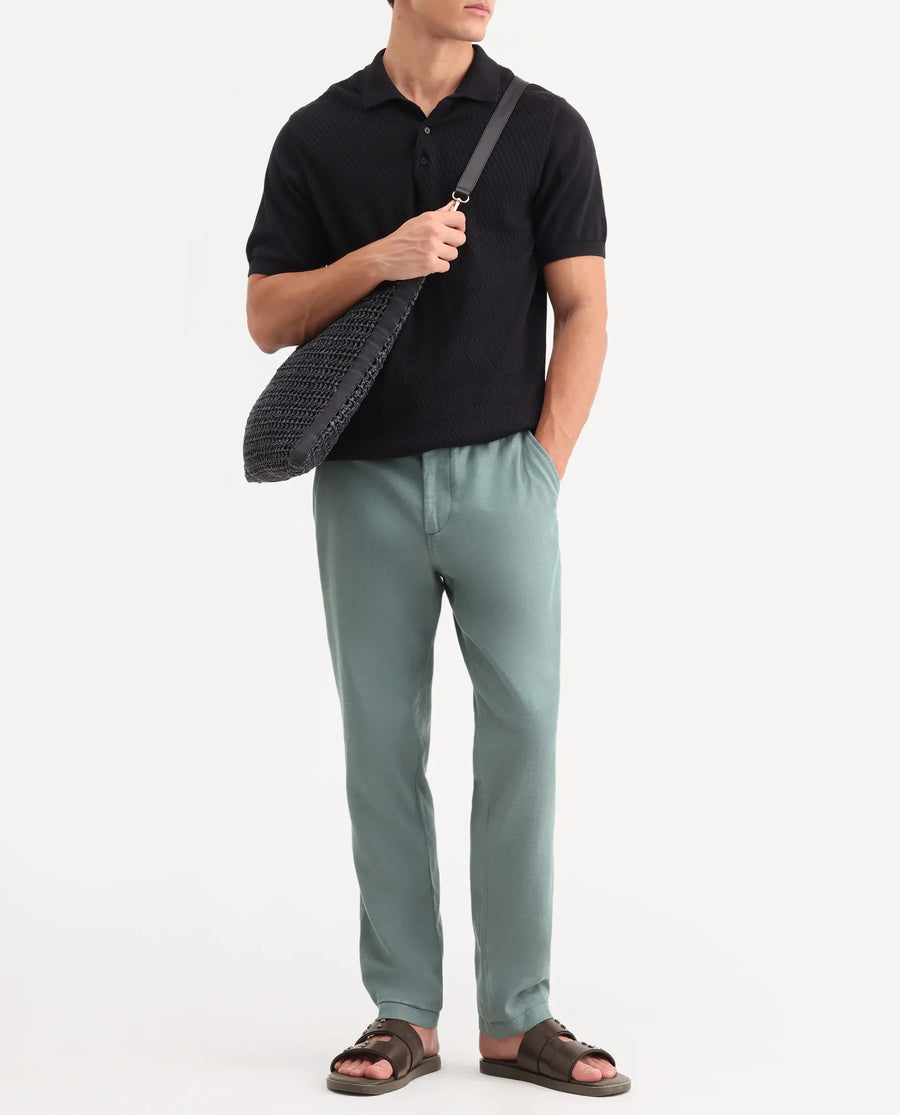 Rare Rabbit Men's Linol-T Dusky Green Linen Blend Fabric Regular Fit Drawstring Plain Trouser