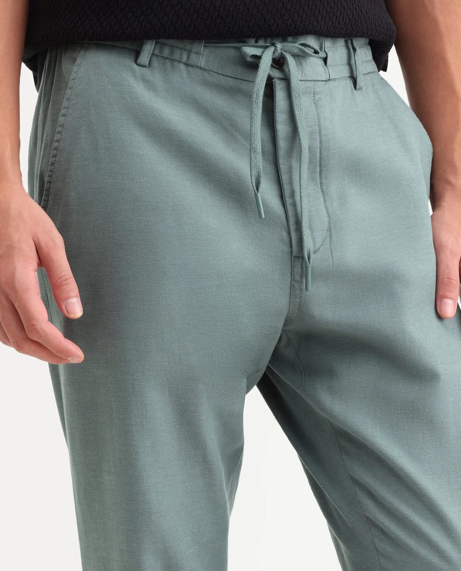 Rare Rabbit Men's Linol-T Dusky Green Linen Blend Fabric Regular Fit Drawstring Plain Trouser