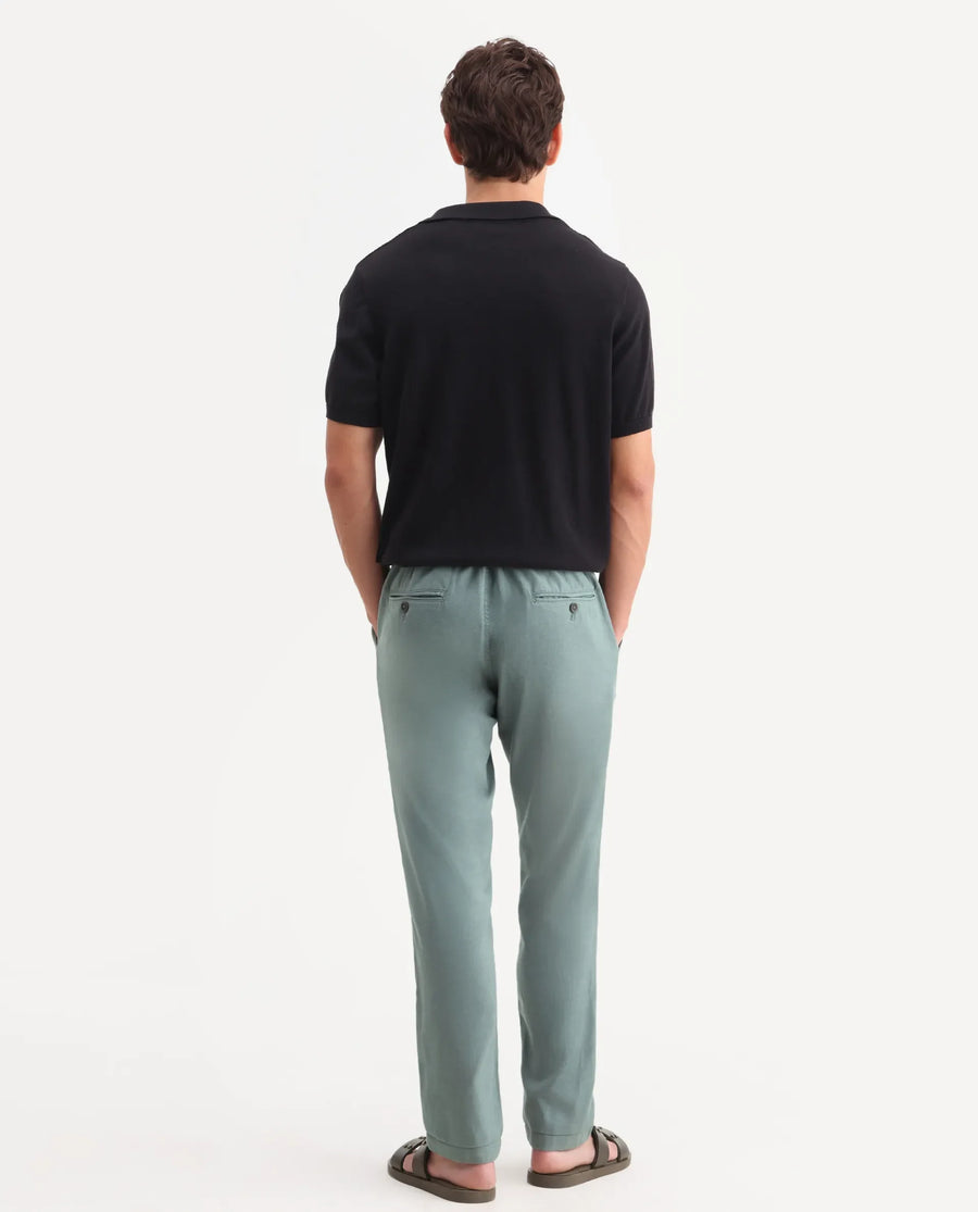Rare Rabbit Men's Linol-T Dusky Green Linen Blend Fabric Regular Fit Drawstring Plain Trouser