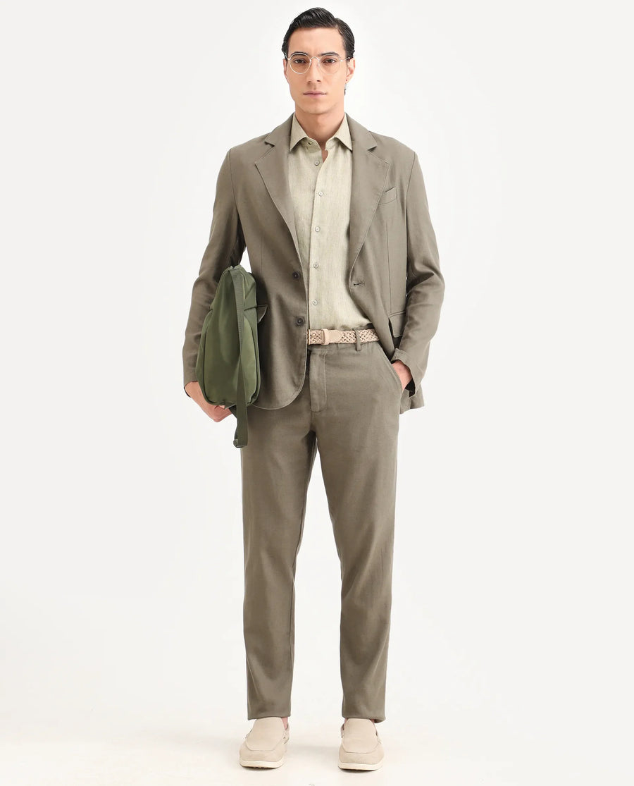 Rare Rabbit Men's Linol-T Dusky Olive Linen Blend Fabric Regular Fit Drawstring Plain Trouser