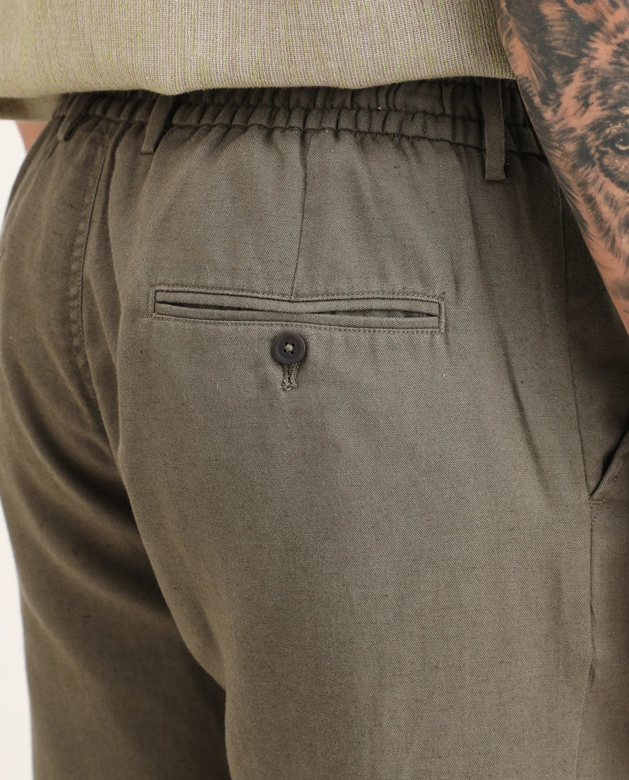 Rare Rabbit Men's Linol-T Dusky Olive Linen Blend Fabric Regular Fit Drawstring Plain Trouser