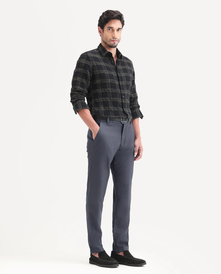 Rare Rabbit Men's Linol-T Dark Grey Linen Blend Fabric Regular Fit Drawstring Plain Trouser