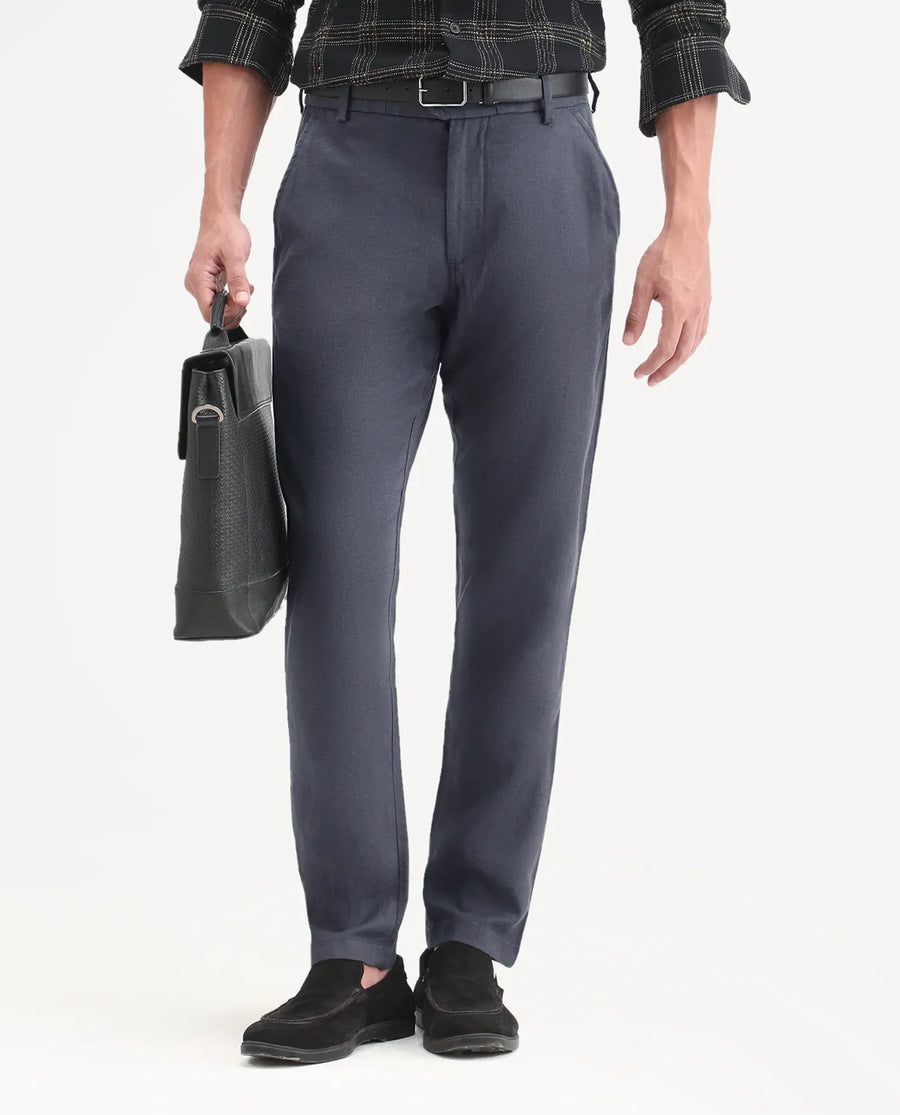 Rare Rabbit Men's Linol-T Dark Grey Linen Blend Fabric Regular Fit Drawstring Plain Trouser