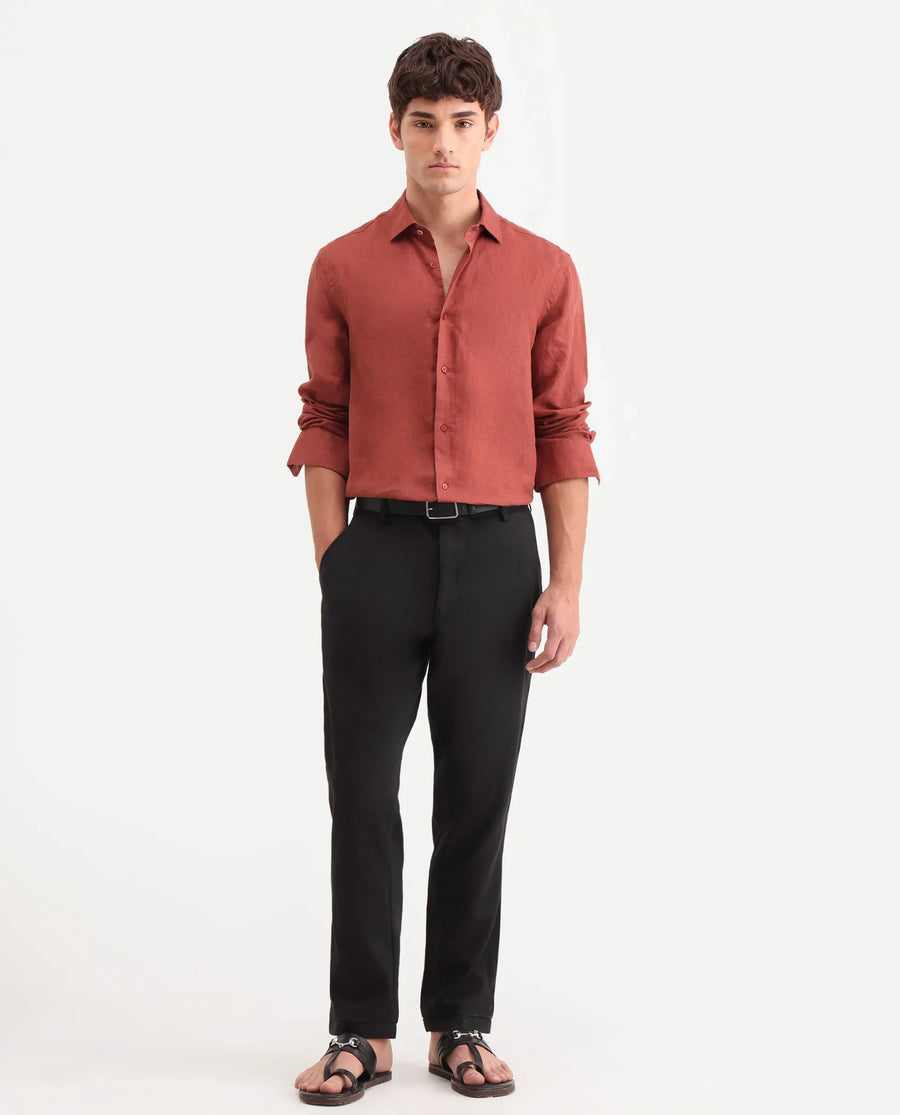 Rare Rabbit Men's Linol-T Black Linen Blend Fabric Regular Fit Drawstring Plain Trouser