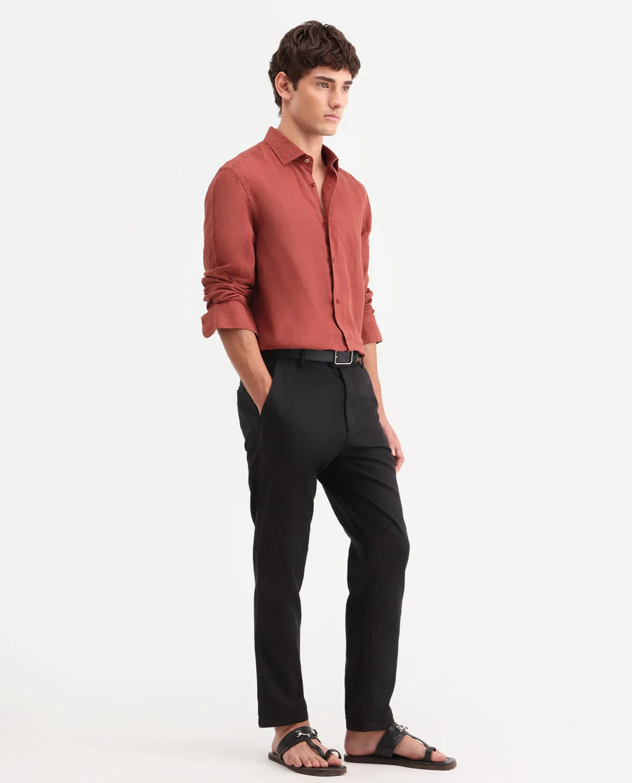 Rare Rabbit Men's Linol-T Black Linen Blend Fabric Regular Fit Drawstring Plain Trouser