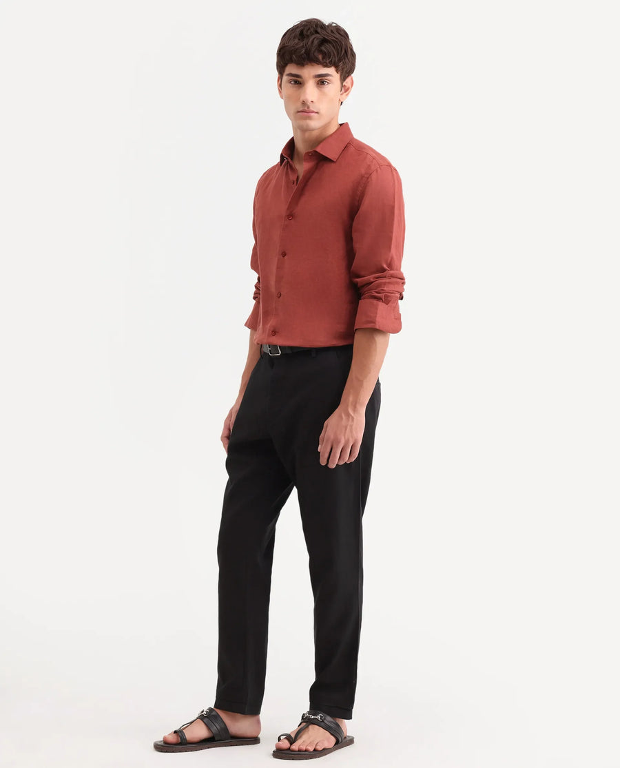 Rare Rabbit Men's Linol-T Black Linen Blend Fabric Regular Fit Drawstring Plain Trouser
