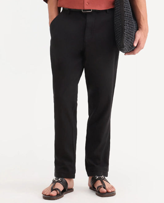 Rare Rabbit Men's Linol-T Black Linen Blend Fabric Regular Fit Drawstring Plain Trouser