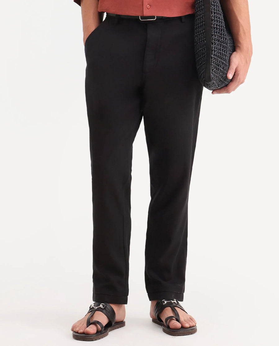 Rare Rabbit Men's Linol-T Black Linen Blend Fabric Regular Fit Drawstring Plain Trouser