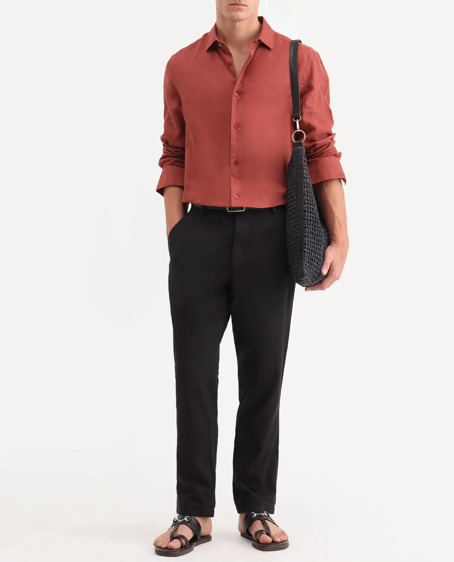 Rare Rabbit Men's Linol-T Black Linen Blend Fabric Regular Fit Drawstring Plain Trouser