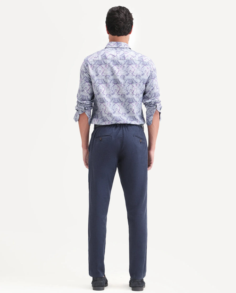 Rare Rabbit Men's Linol-T Navy Linen Blend Fabric Regular Fit Drawstring Plain Trouser