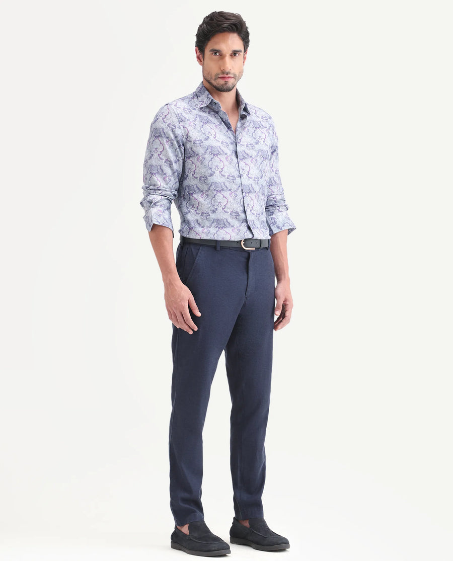 Rare Rabbit Men's Linol-T Navy Linen Blend Fabric Regular Fit Drawstring Plain Trouser