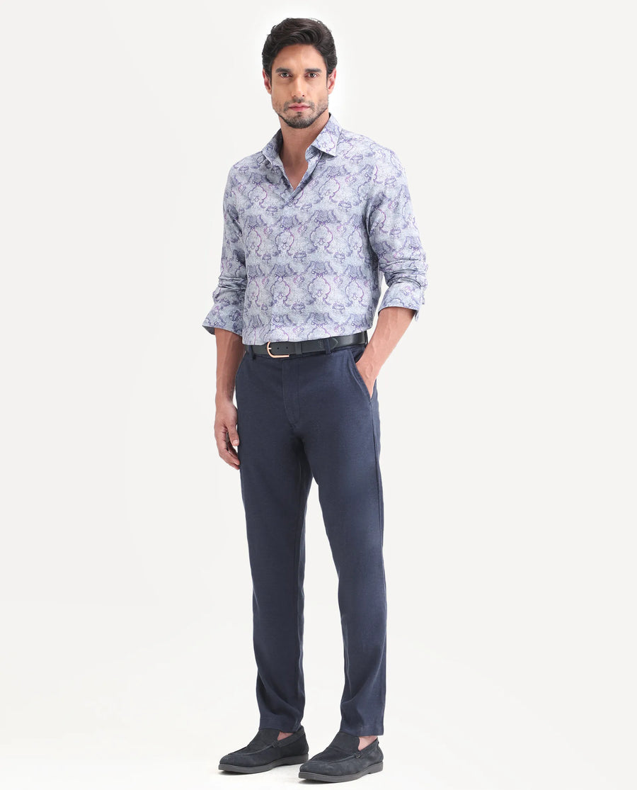 Rare Rabbit Men's Linol-T Navy Linen Blend Fabric Regular Fit Drawstring Plain Trouser