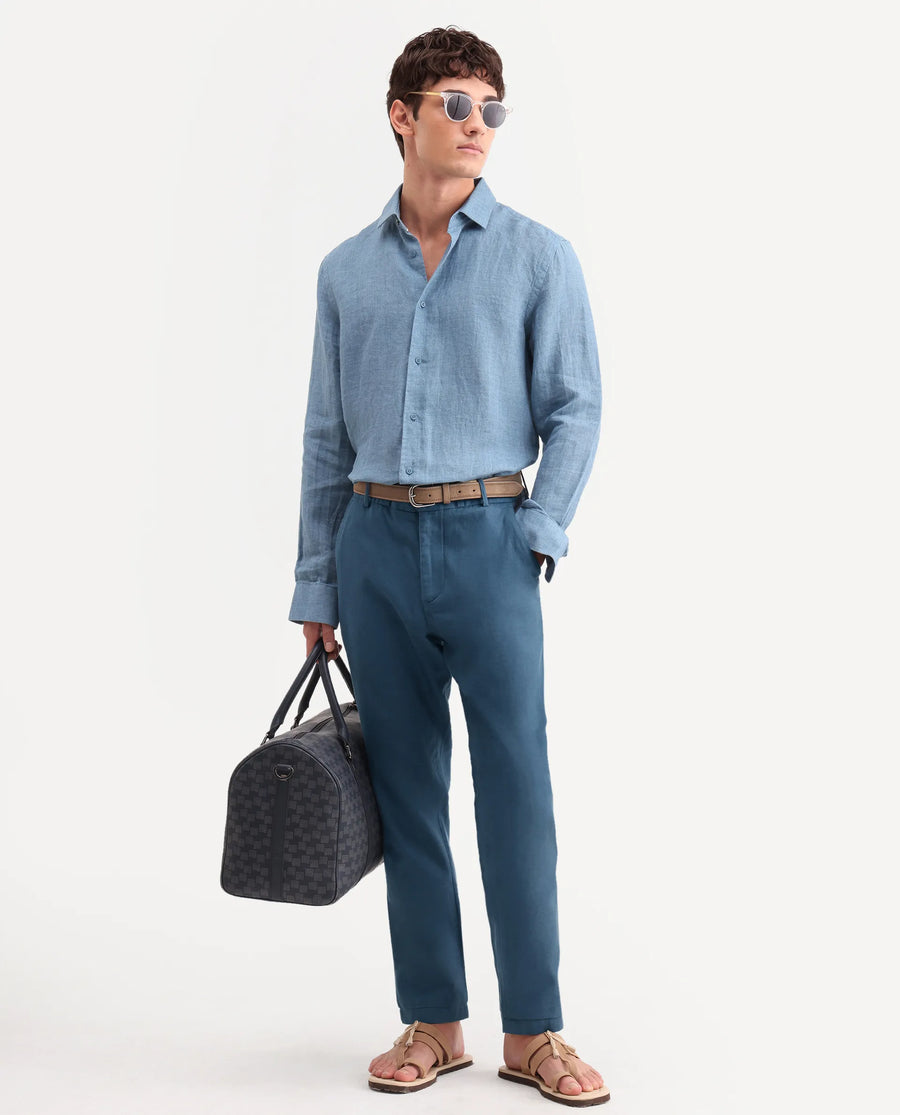 Rare Rabbit Men's Linol-T Dusky Petrol Linen Blend Fabric Regular Fit Drawstring Plain Trouser