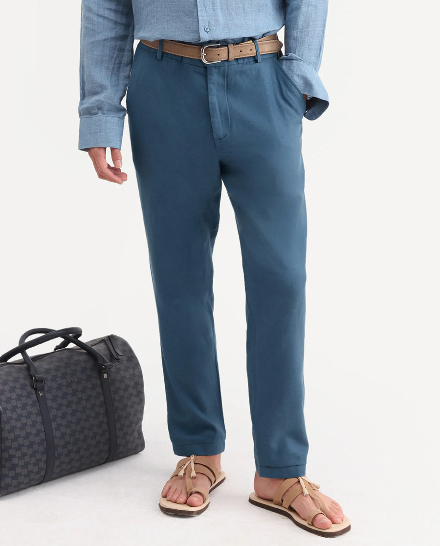 Rare Rabbit Men's Linol-T Dusky Petrol Linen Blend Fabric Regular Fit Drawstring Plain Trouser
