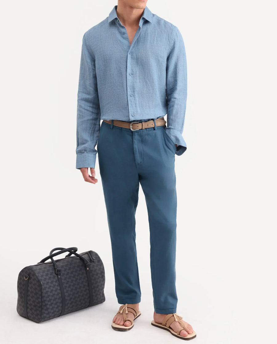 Rare Rabbit Men's Linol-T Dusky Petrol Linen Blend Fabric Regular Fit Drawstring Plain Trouser