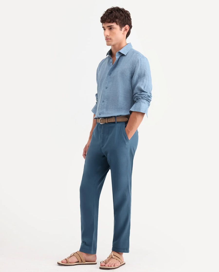 Rare Rabbit Men's Linol-T Dusky Petrol Linen Blend Fabric Regular Fit Drawstring Plain Trouser