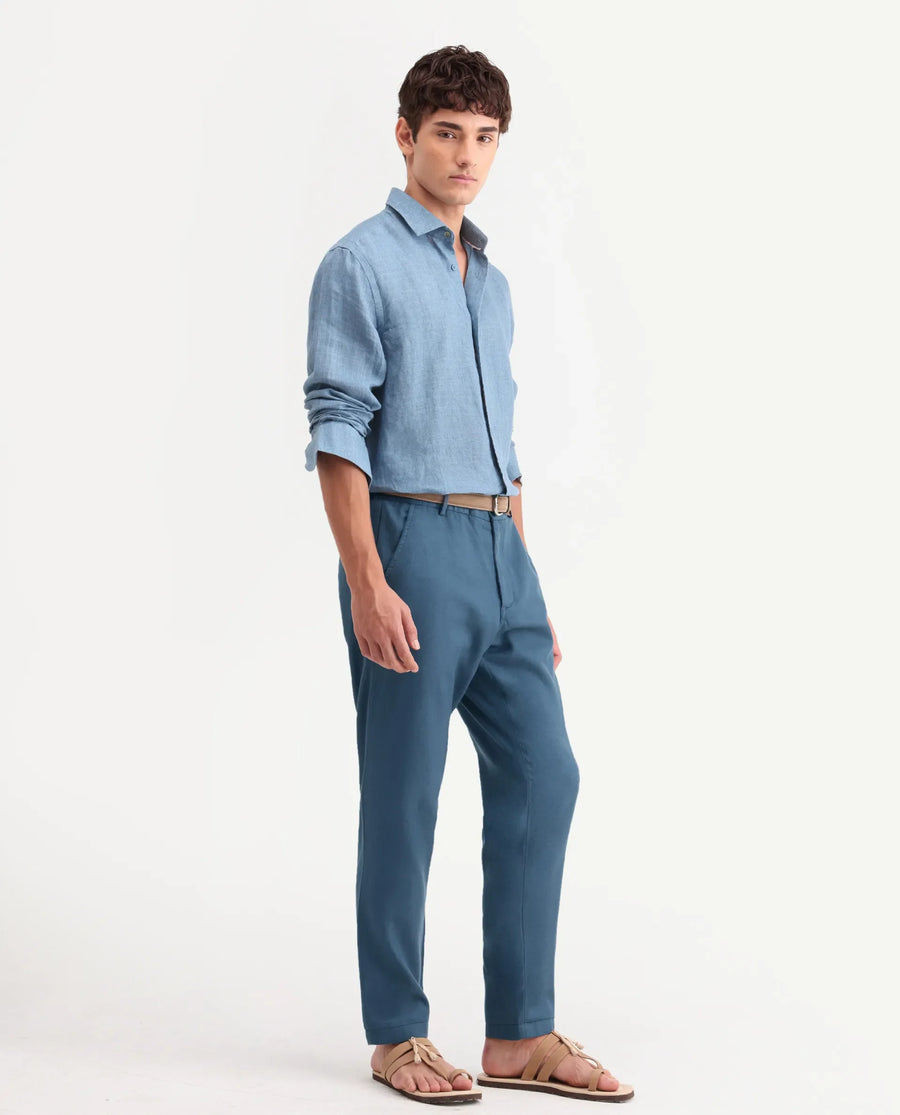 Rare Rabbit Men's Linol-T Dusky Petrol Linen Blend Fabric Regular Fit Drawstring Plain Trouser
