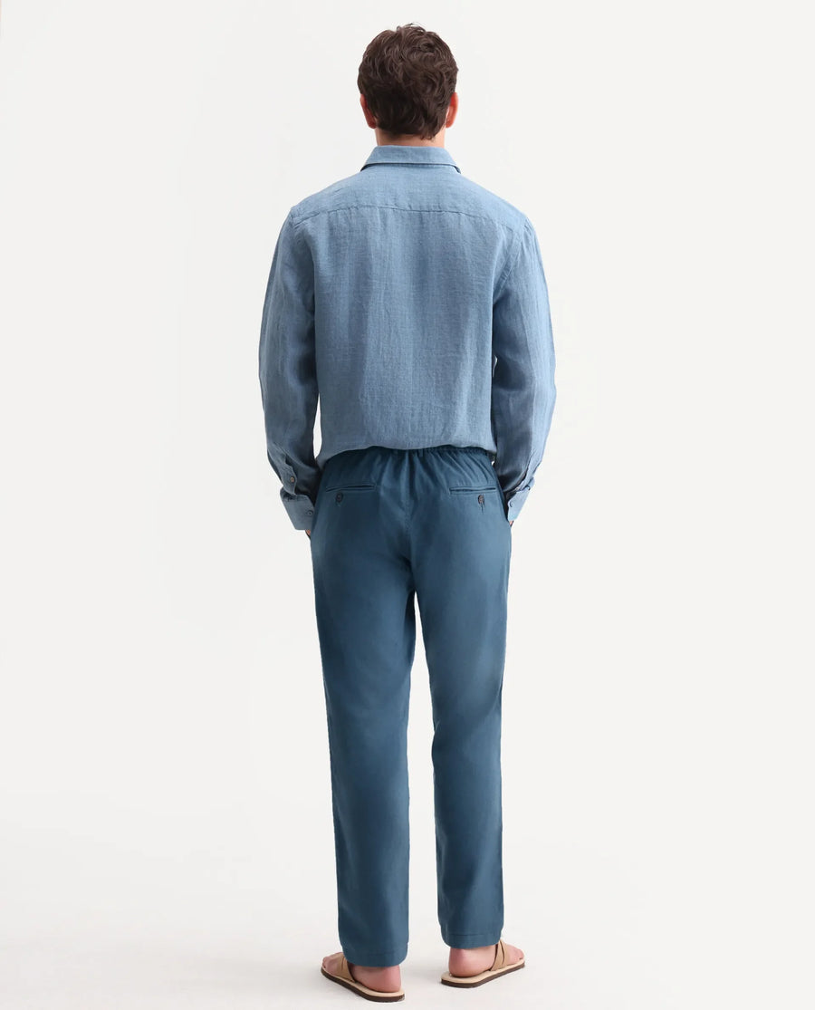 Rare Rabbit Men's Linol-T Dusky Petrol Linen Blend Fabric Regular Fit Drawstring Plain Trouser