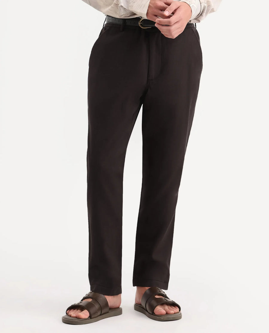 Rare Rabbit Men's Linol-T Dark Brown Linen Blend Fabric Regular Fit Drawstring Plain Trouser