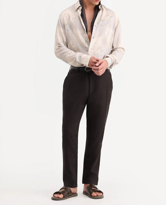 Rare Rabbit Men's Linol-T Dark Brown Linen Blend Fabric Regular Fit Drawstring Plain Trouser