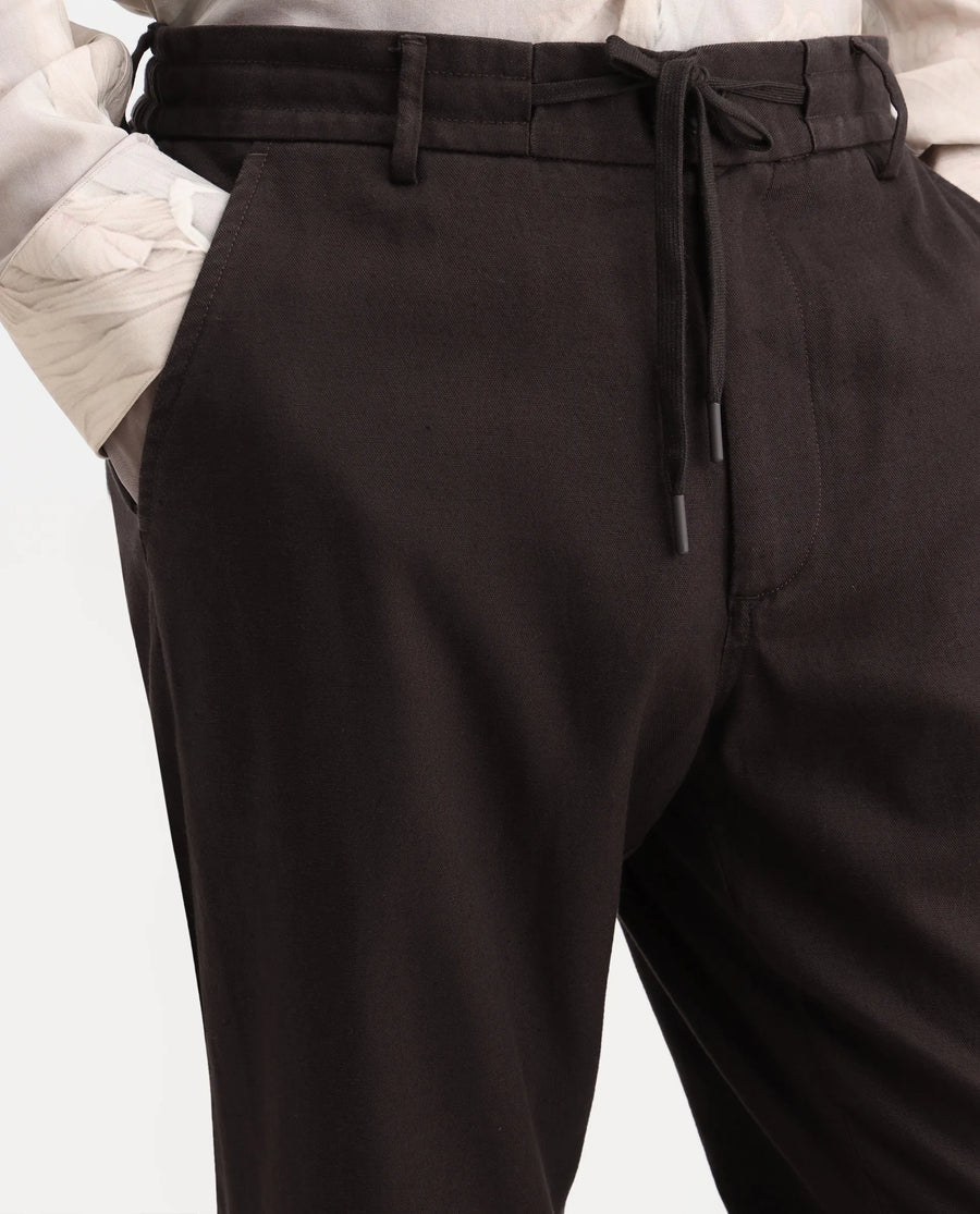 Rare Rabbit Men's Linol-T Dark Brown Linen Blend Fabric Regular Fit Drawstring Plain Trouser