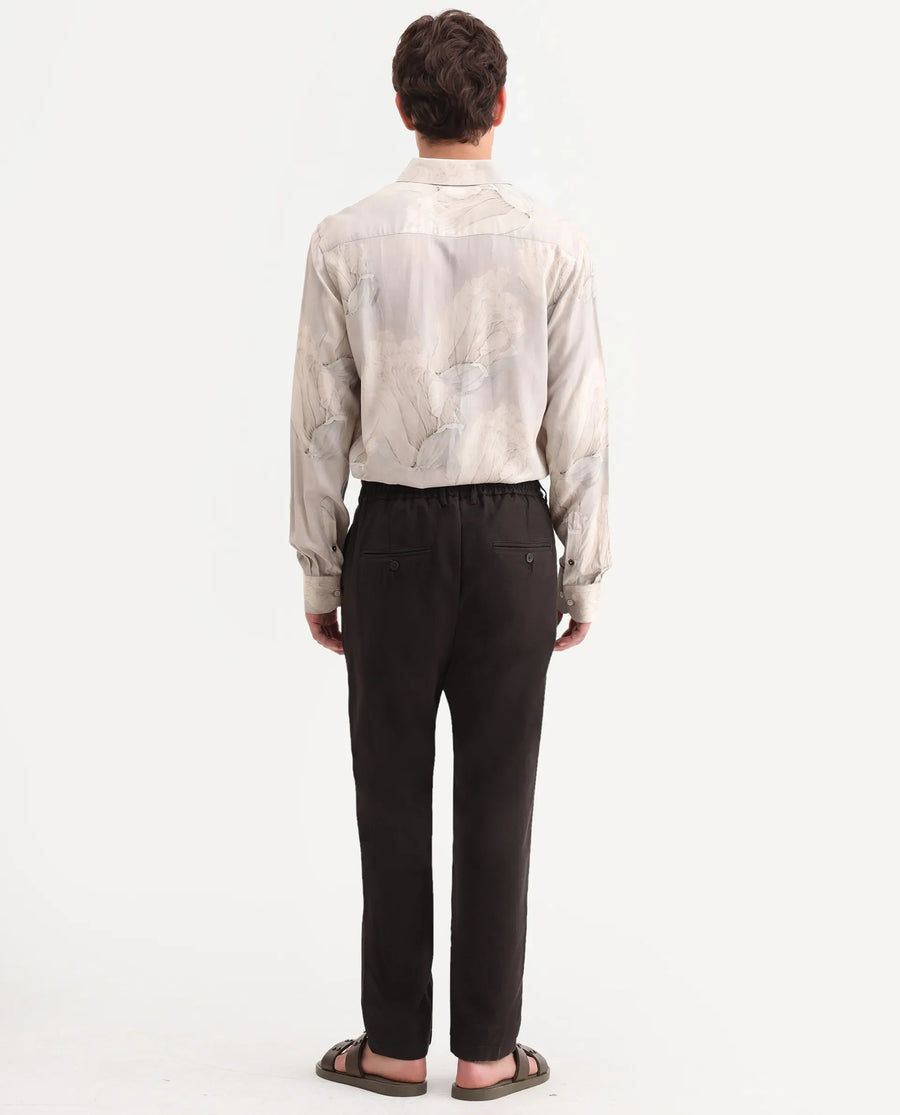 Rare Rabbit Men's Linol-T Dark Brown Linen Blend Fabric Regular Fit Drawstring Plain Trouser