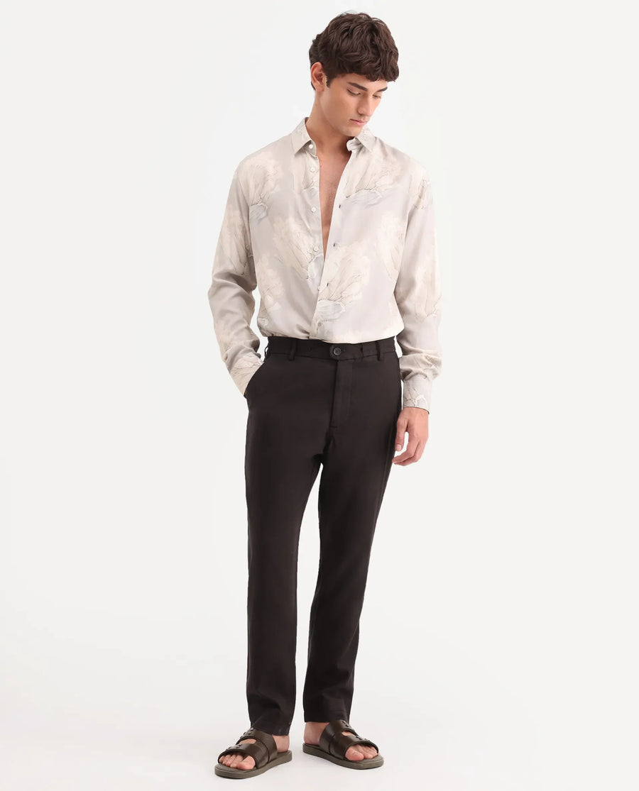 Rare Rabbit Men's Linol-T Dark Brown Linen Blend Fabric Regular Fit Drawstring Plain Trouser