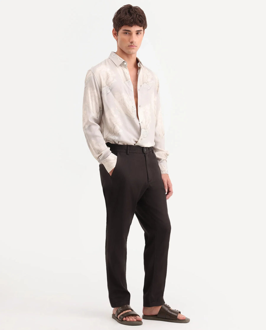 Rare Rabbit Men's Linol-T Dark Brown Linen Blend Fabric Regular Fit Drawstring Plain Trouser