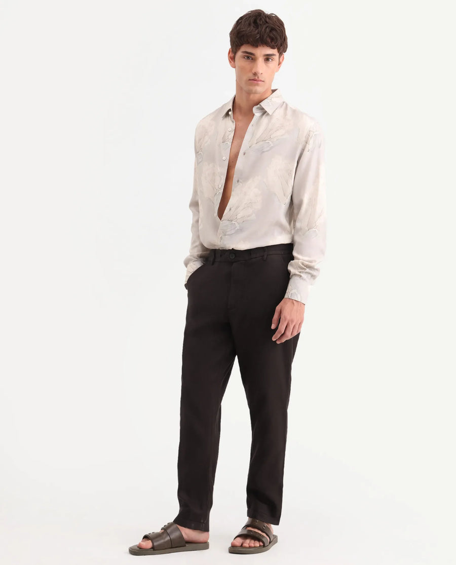 Rare Rabbit Men's Linol-T Dark Brown Linen Blend Fabric Regular Fit Drawstring Plain Trouser