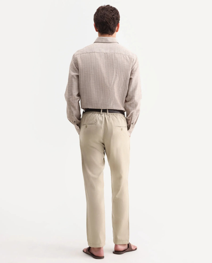 Rare Rabbit Men's Linol-T Beige Linen Blend Fabric Regular Fit Drawstring Plain Trouser