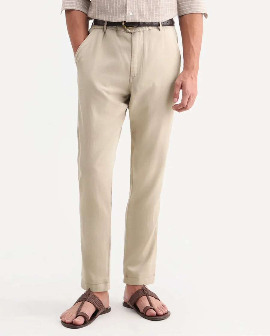 Rare Rabbit Men's Linol-T Beige Linen Blend Fabric Regular Fit Drawstring Plain Trouser