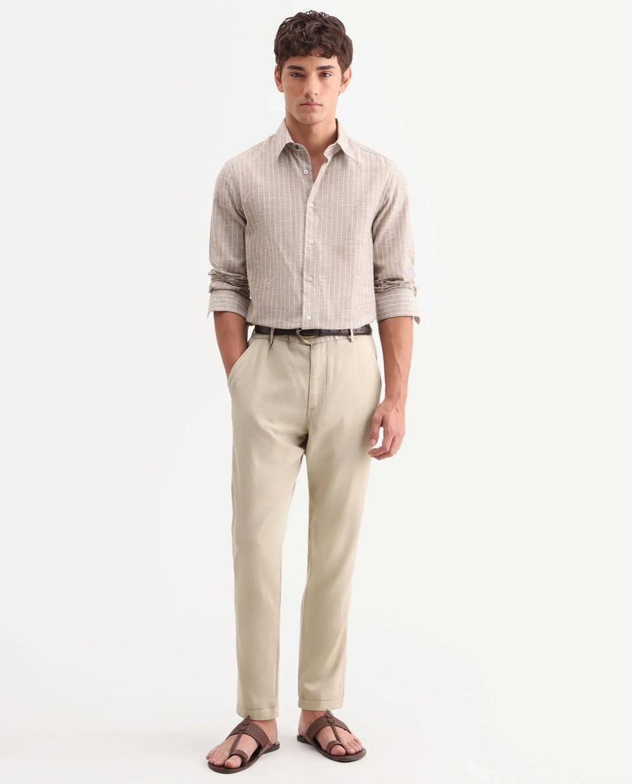 Rare Rabbit Men's Linol-T Beige Linen Blend Fabric Regular Fit Drawstring Plain Trouser