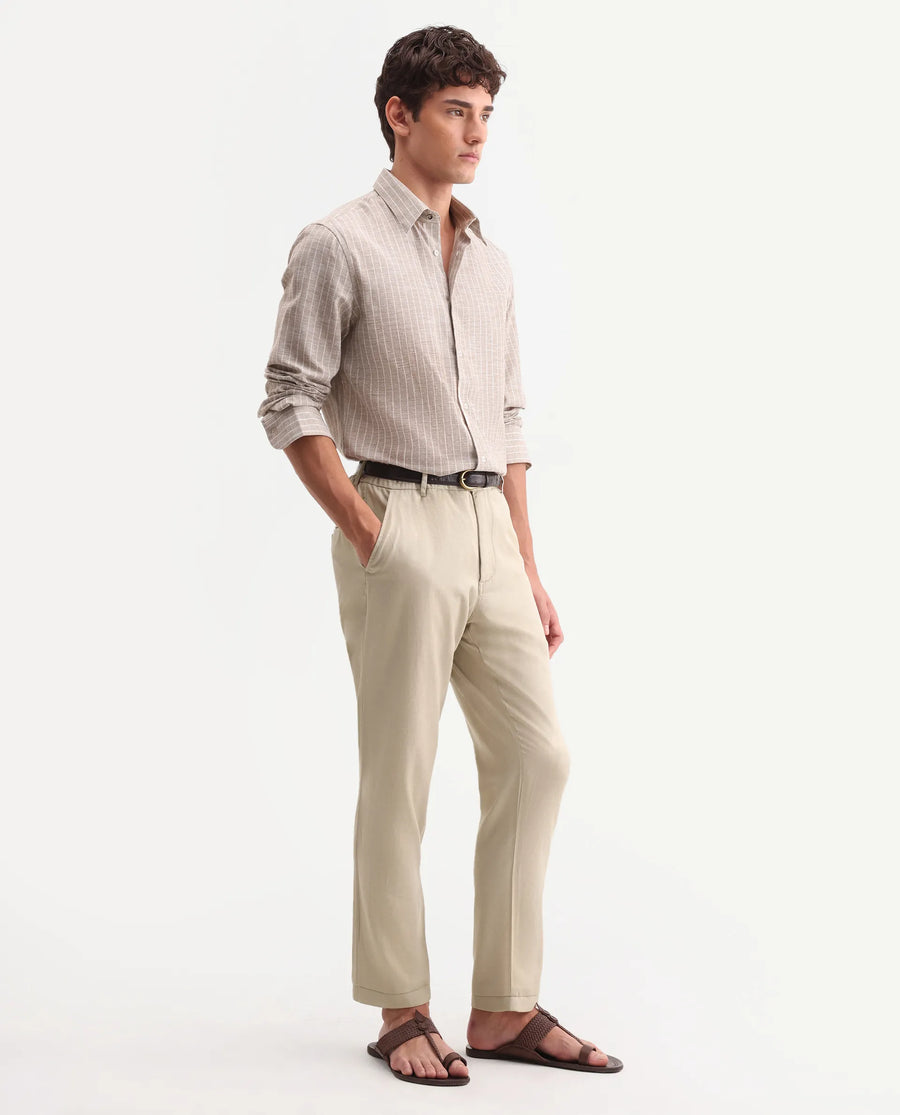 Rare Rabbit Men's Linol-T Beige Linen Blend Fabric Regular Fit Drawstring Plain Trouser
