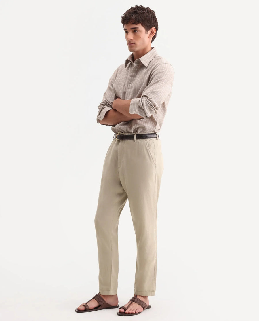 Rare Rabbit Men's Linol-T Beige Linen Blend Fabric Regular Fit Drawstring Plain Trouser
