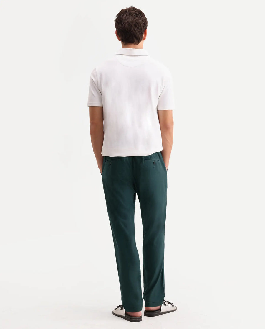 Rare Rabbit Men's Linol-T Dark Green Linen Blend Fabric Regular Fit Drawstring Plain Trouser