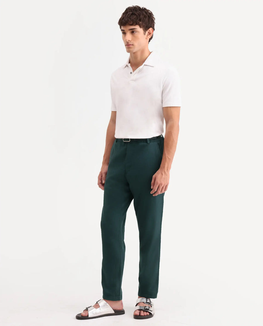 Rare Rabbit Men's Linol-T Dark Green Linen Blend Fabric Regular Fit Drawstring Plain Trouser