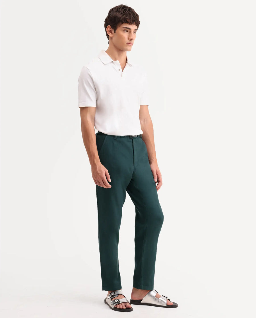 Rare Rabbit Men's Linol-T Dark Green Linen Blend Fabric Regular Fit Drawstring Plain Trouser