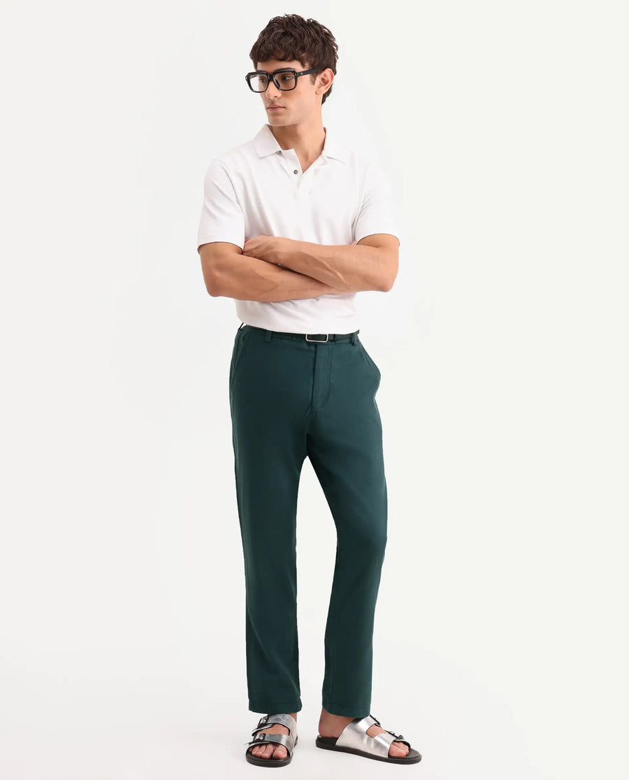 Rare Rabbit Men's Linol-T Dark Green Linen Blend Fabric Regular Fit Drawstring Plain Trouser