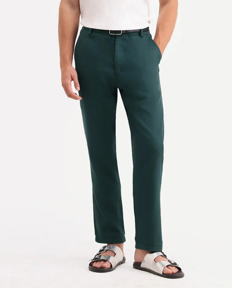 Rare Rabbit Men's Linol-T Dark Green Linen Blend Fabric Regular Fit Drawstring Plain Trouser