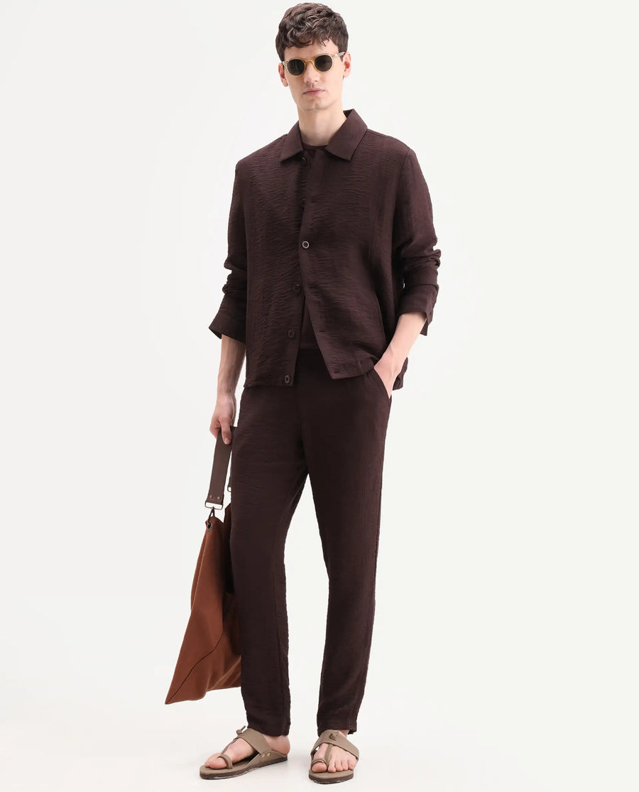 Rare Rabbit Men's Veon-T Dark Brown Viscose Blend Fabric Regular Fit Plain Trouser