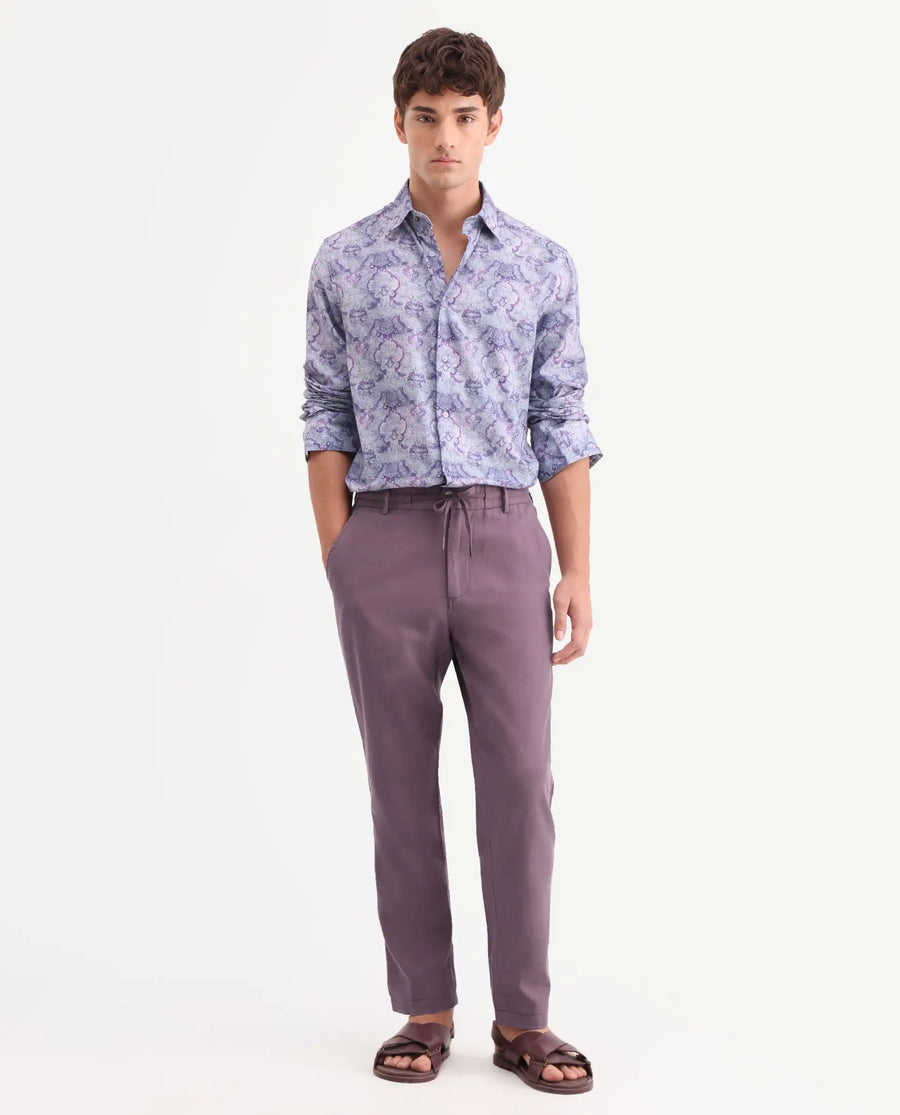 Rare Rabbit Men's Linol-T Purple Linen Blend Fabric Regular Fit Drawstring Plain Trouser