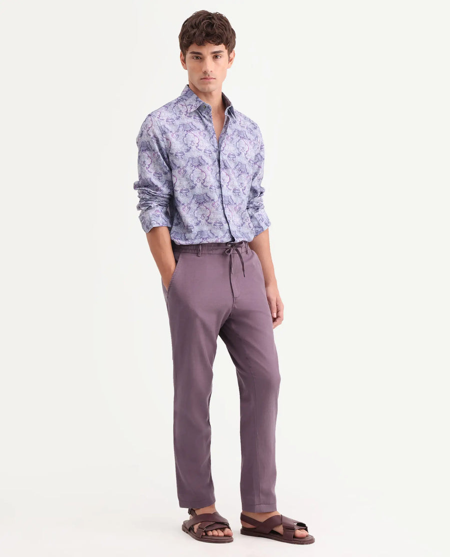 Rare Rabbit Men's Linol-T Purple Linen Blend Fabric Regular Fit Drawstring Plain Trouser