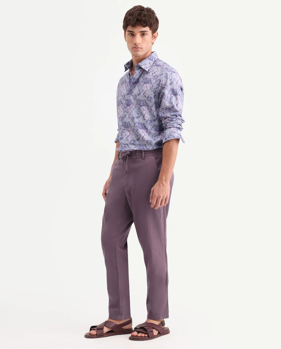 Rare Rabbit Men's Linol-T Purple Linen Blend Fabric Regular Fit Drawstring Plain Trouser