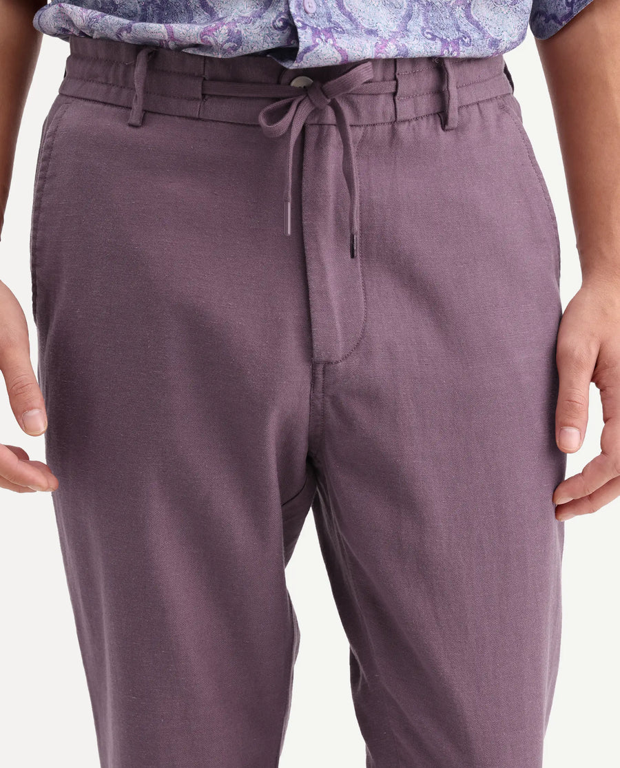 Rare Rabbit Men's Linol-T Purple Linen Blend Fabric Regular Fit Drawstring Plain Trouser